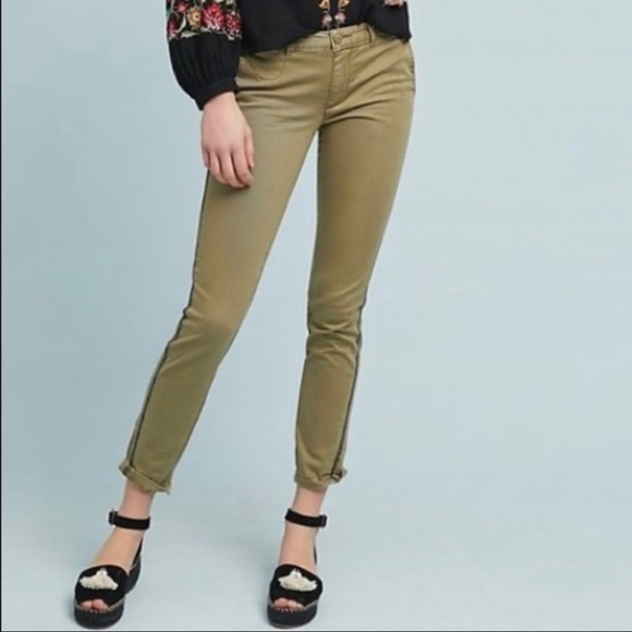 Anthropologie Moss Green Embroidered Side Stripe Straight Leg Ankle Chino Pants - Picture 1 of 12